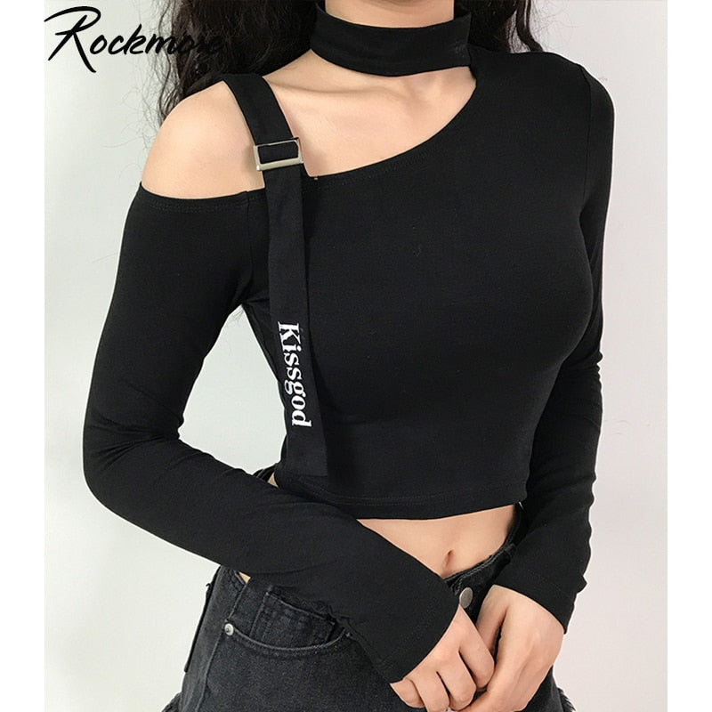 Rockmore Korean Style Harajuku Buckle Women Turtleneck Long Sleeve T Shirt Femme Basic T-shirt Hollow Out Gothic Cotton Crop Top