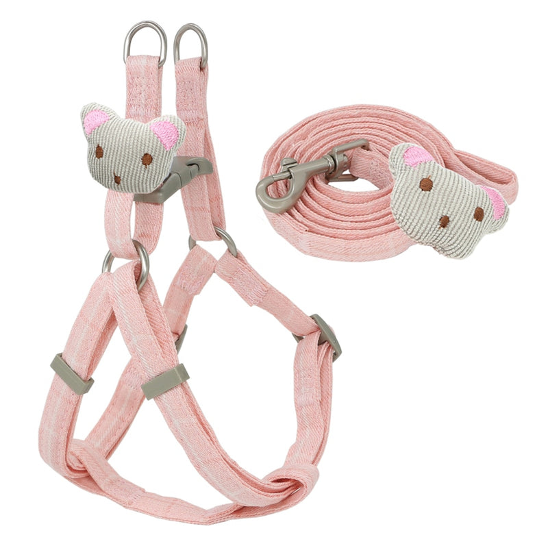 Soft Dog Harness Leash Collar Set Adjustable Cartoons Bear Dog Harness for Small Medium Pets Cat Collar Leash Outdoor Walking