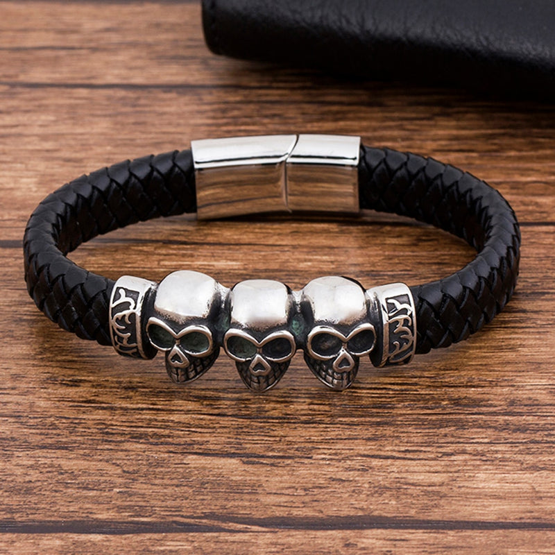 TYO Trendy Woven Rope Magnetic Braided Bone Steel Punk Metal Brand Fashion Wholesale Genuine Leather Men Bracelet Skull