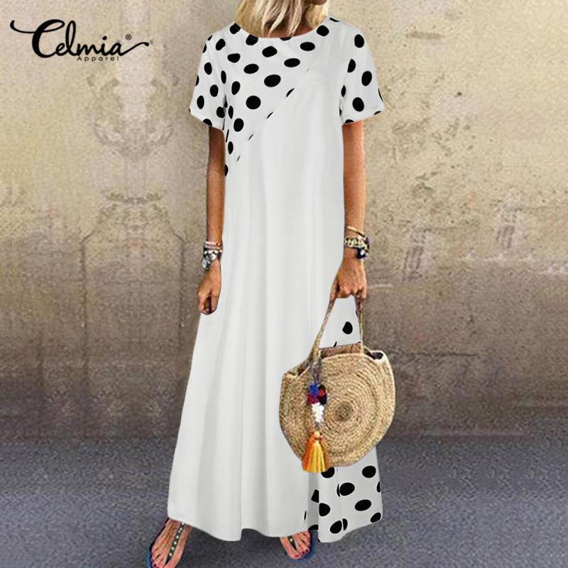 Women Party Summer Long Dress 2023 Celmia Polka Dot Print Maxi Sundress Bohemian Short Sleeve Casual Loose Vestidos O-neck Robe