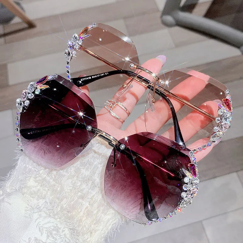 2021 Fashion Brand Design Vintage Rimless Rhinestone Sunglasses Women Men Retro Cutting Lens Gradient Sun Glasses Female UV400