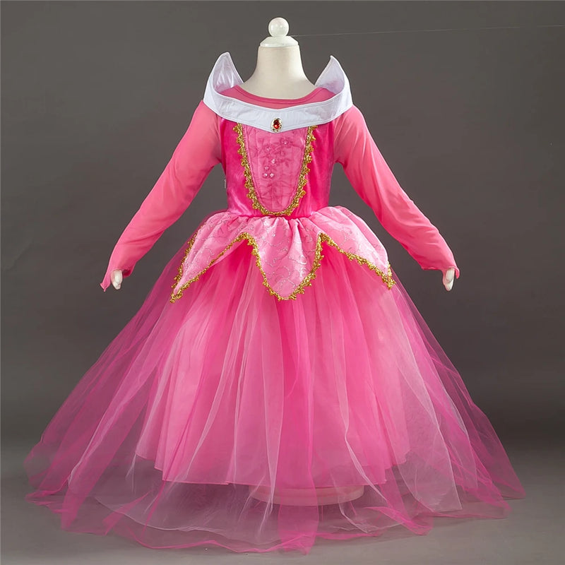 Halloween Sleeping Beauty Costume Summer Girls Aurora Dress Fluffy Girls Off Shoudler Pink Dresses Fancy Fairy Princess Dress Up