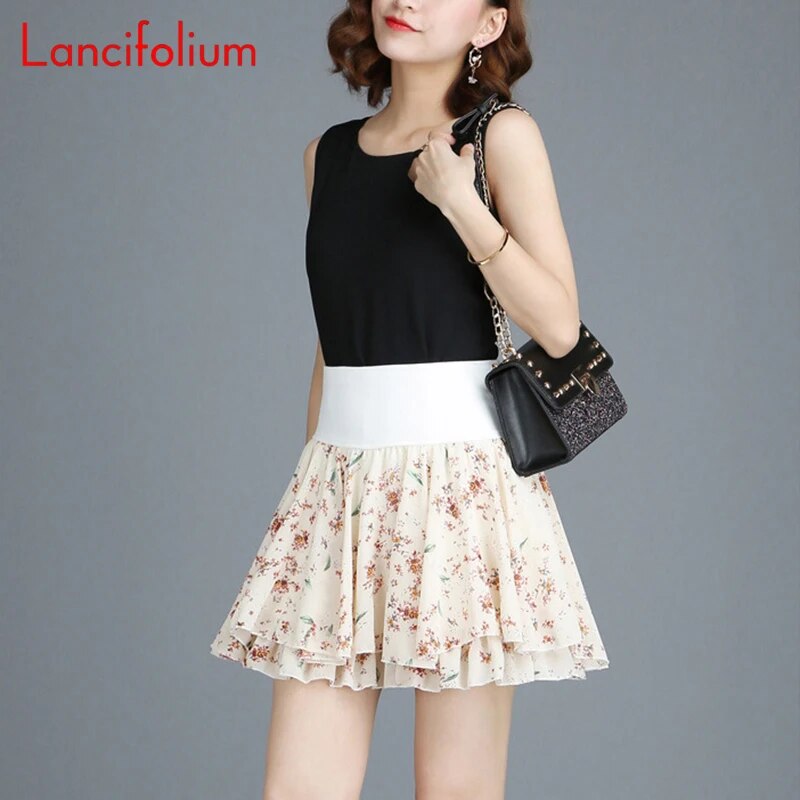 Floral Mini Skirt Women Summer Pleated Swing Chiffon Skirt Girl Black Korean Kawaii Female Elastic High Waist Skirt Shorts B009