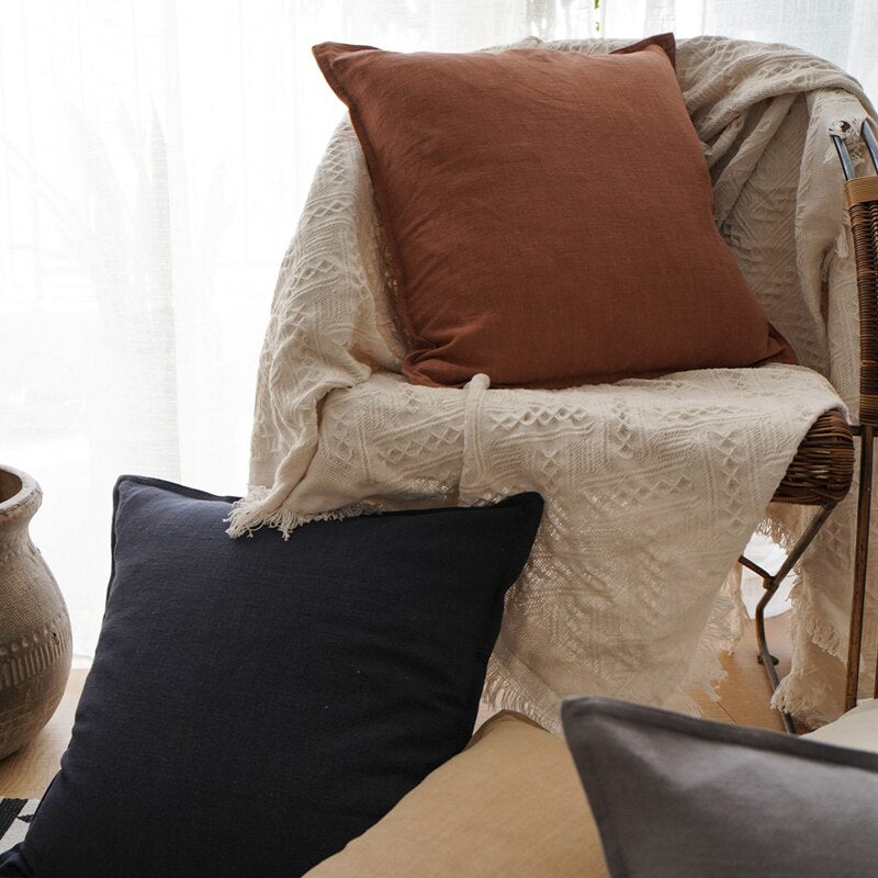 Plain Cushion Cover 45x45cm Linen Pillow Cover Ivory Dark Grey Coffee Fringed For Home decoration Bed Sofa Couch