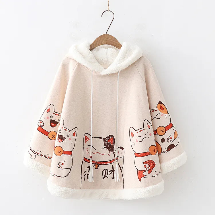 2021 Spring Autumn Cloak Harajuku Kawaii Ears Hooded Outwear Japanese Lucky Cat Fleece Cape Loose Pullover Batwing Sleeve Top