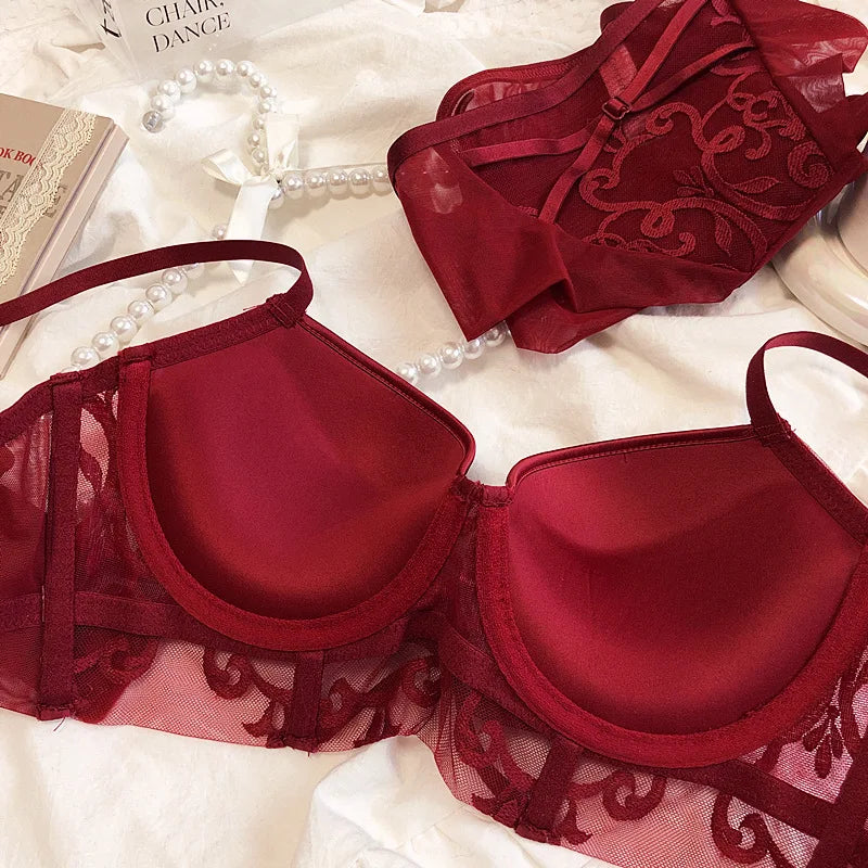 Christmas red embroidered net gauze lingerie top thin bottom thick gather bra set sexy push up large size women underwear bralet