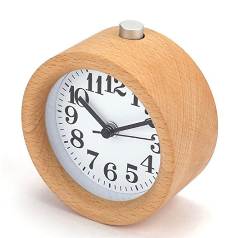 Handmade Classic Small Round Wood Silent Light Desk Alarm Clock With Desk Lamp for Home dropshipping