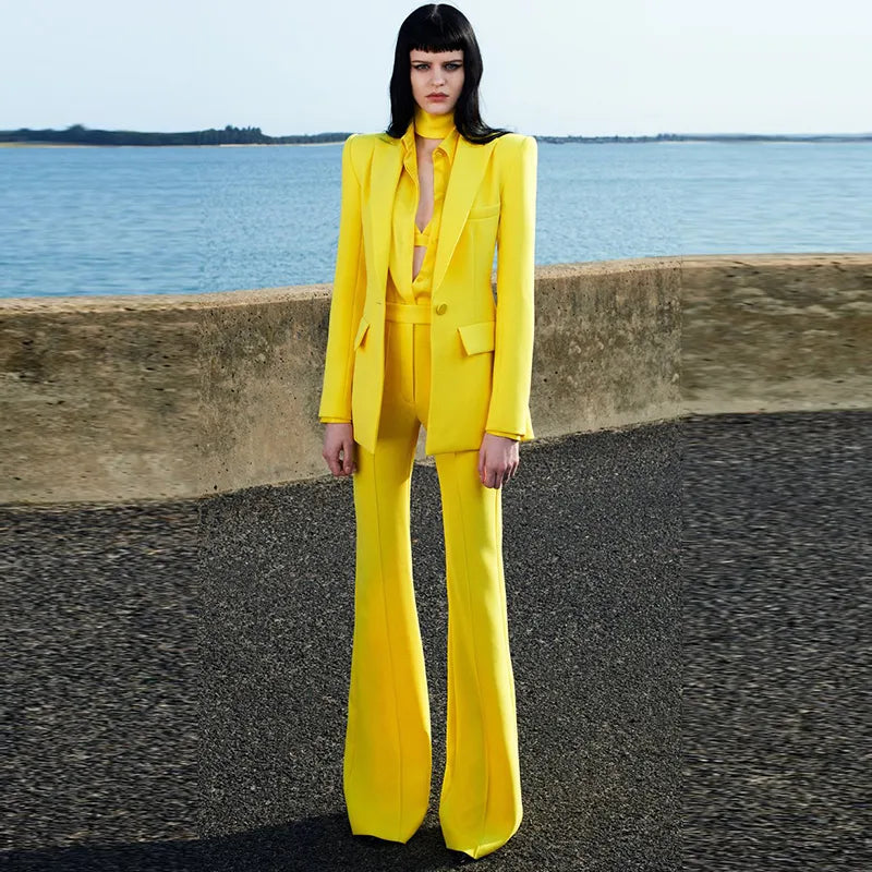HIGH STREET Newest 2023 Runway Designer Suit Set Women's Single Button Blazer Flare Pants Suit