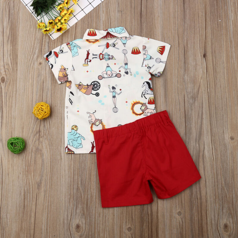 2Pcs Kids Boy Gentleman Clothes Set Casaul Toddler Baby Boy Clothes Cartoon Printed Circus Bow-knot Tops+Shorts Party Outfits