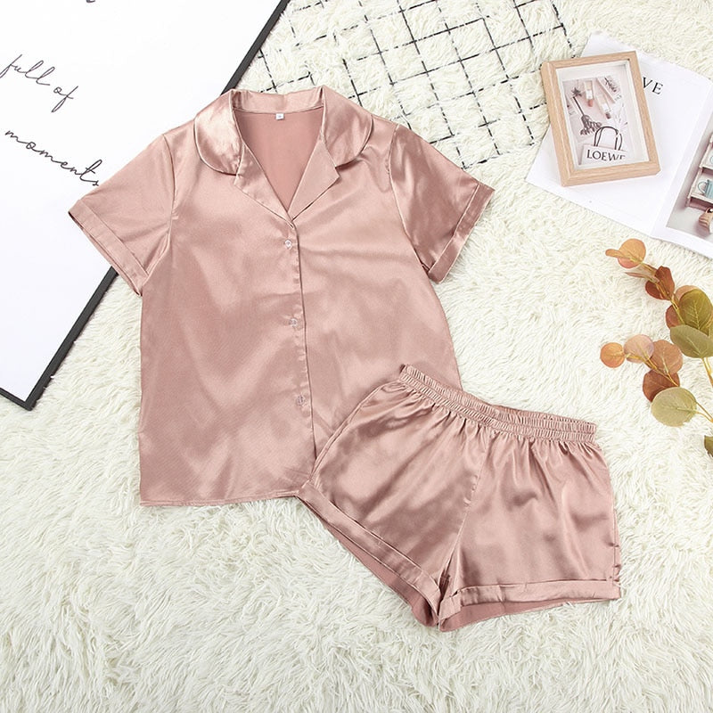 Suphis 5 Colors Satin Nightshirt With Shorts Nightwear Suit Silk Pyjama Short Sleeve Casual Pajama Sets Women Sleepwear Summer