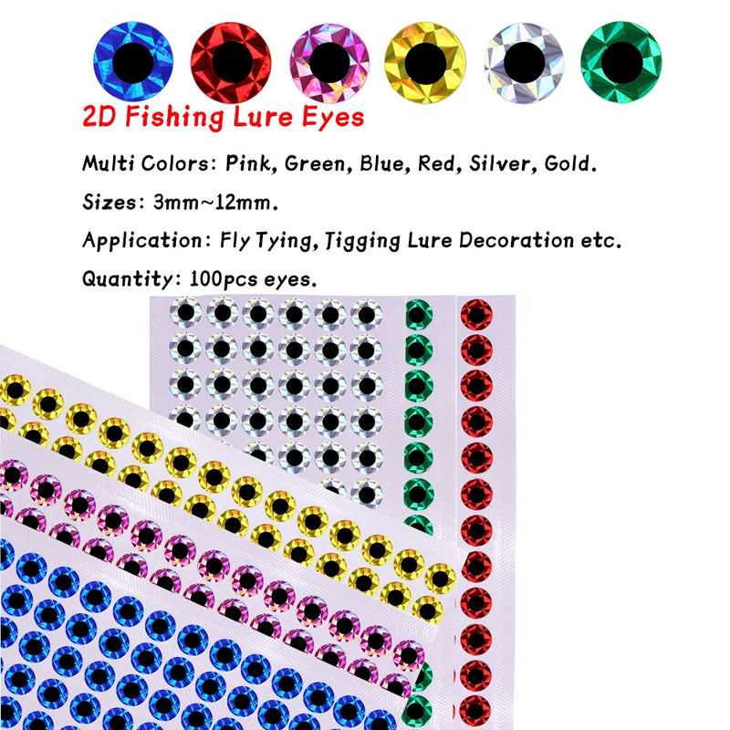 WIFREO 100pcs Flat Fishing Lure Eyes 2D Artificial Fish Eyes Sticker for Slow Jigging Metal Jig Lure 3mm-12mm Fly Tying Material