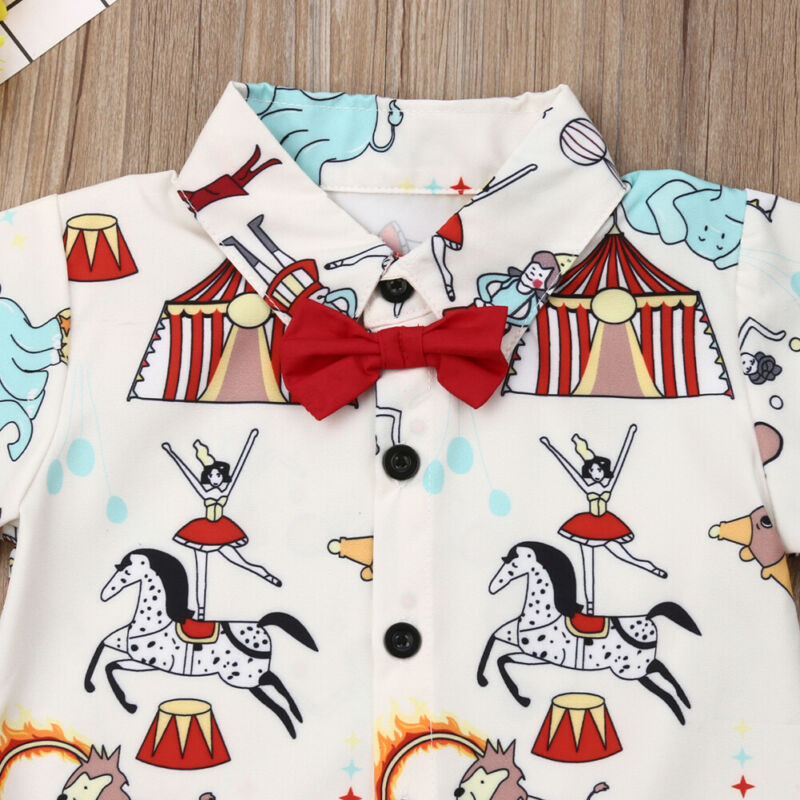 2Pcs Kids Boy Gentleman Clothes Set Casaul Toddler Baby Boy Clothes Cartoon Printed Circus Bow-knot Tops+Shorts Party Outfits