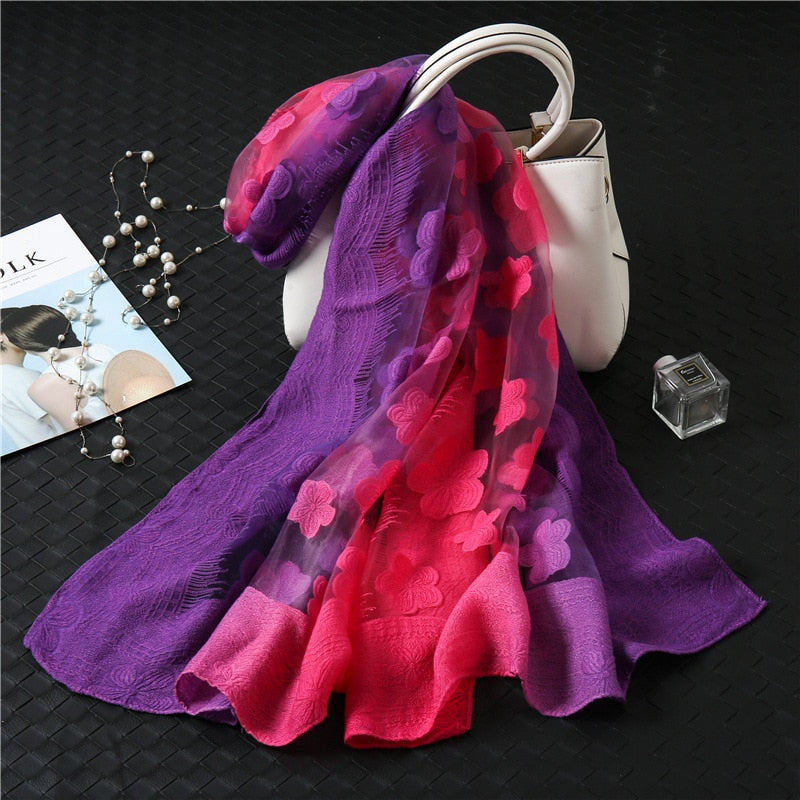 Color matching women scarf summer silk scarves for lady shawls and wraps organza Hollowed flowers beach stoles bandana foulard