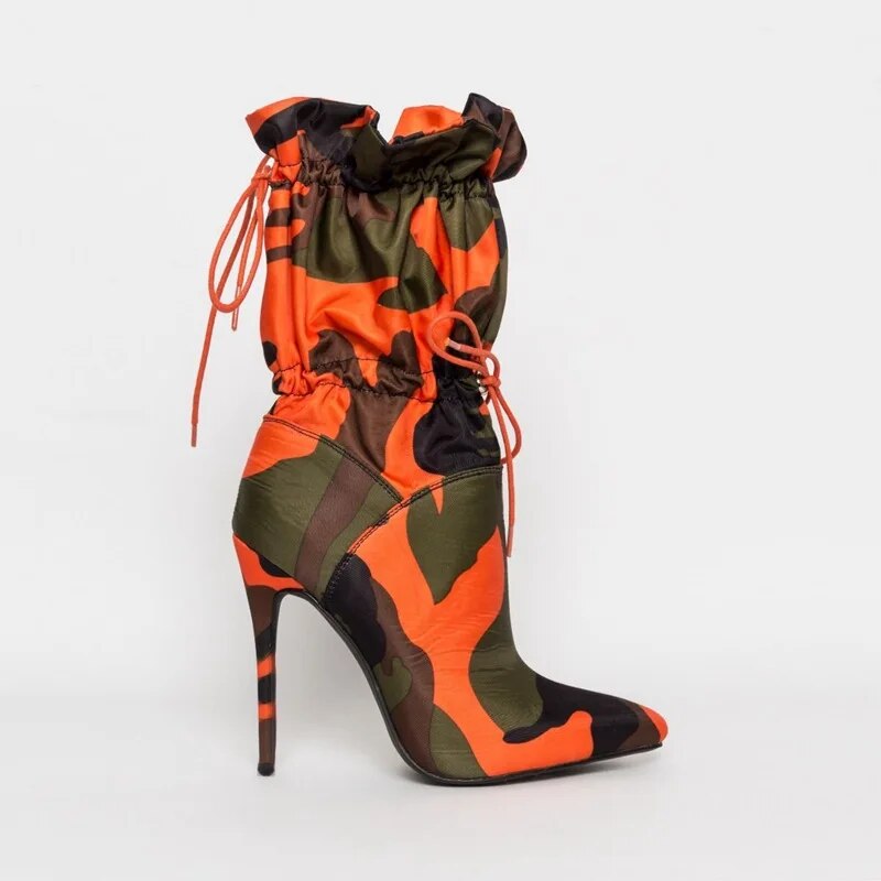 Women High Heels 11cm Stilettos Fashion Camouflage Ankle Boots Shoes Woman Lace Up Sexy Night Club Boots Spring/Autumn