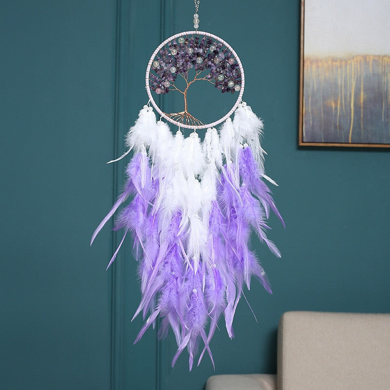 Handmade Weave Dream Catcher With Light Natural Feather Tree of life Dreamcatcher Decor Hanging Pendant Girl Gifts Room Decor