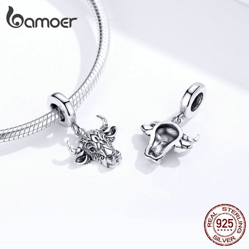 bamoer Vintage Bull Pendant Charm Original Sterling Silver 925 Engraved Tauren Charms fit Bracelet or Necklace Jewelry SCC1316