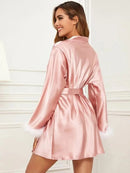 Satin Feather Night Gown Ladies Bathrobe Pink Belted Kimono Gorgeous Bride Bridesmaid Wedding Robes