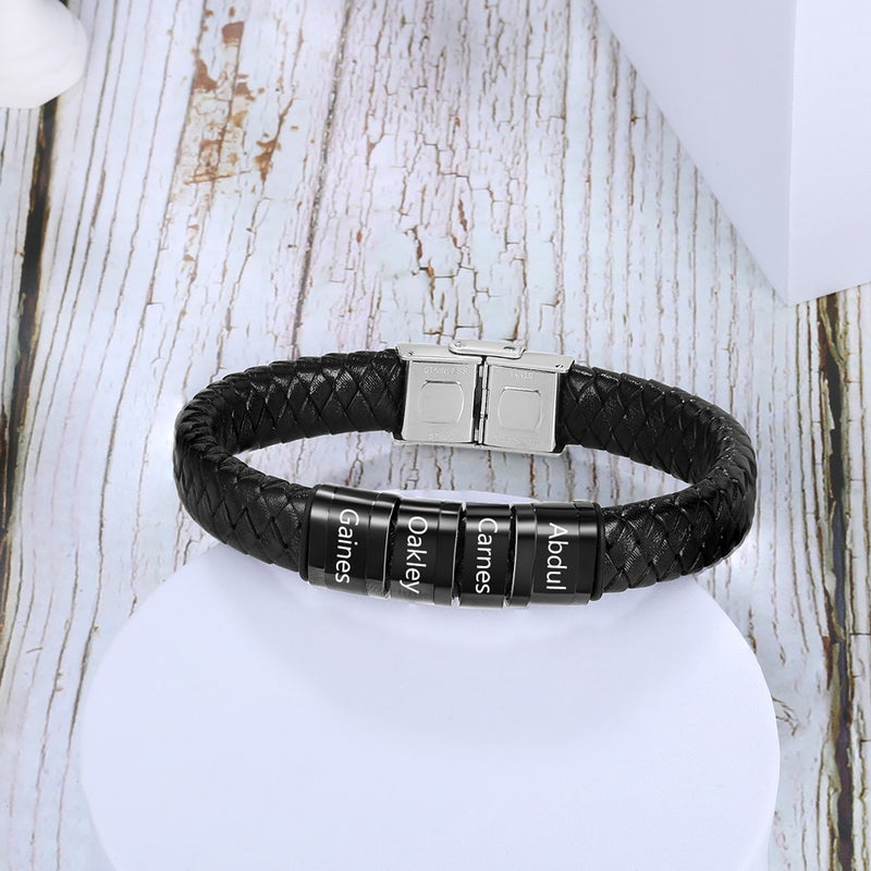 JewelOra Personalized Men Braided Leather Bracelets with Custom Beads Engraved Family Name Stainless Steel Bracelets for Men Dad