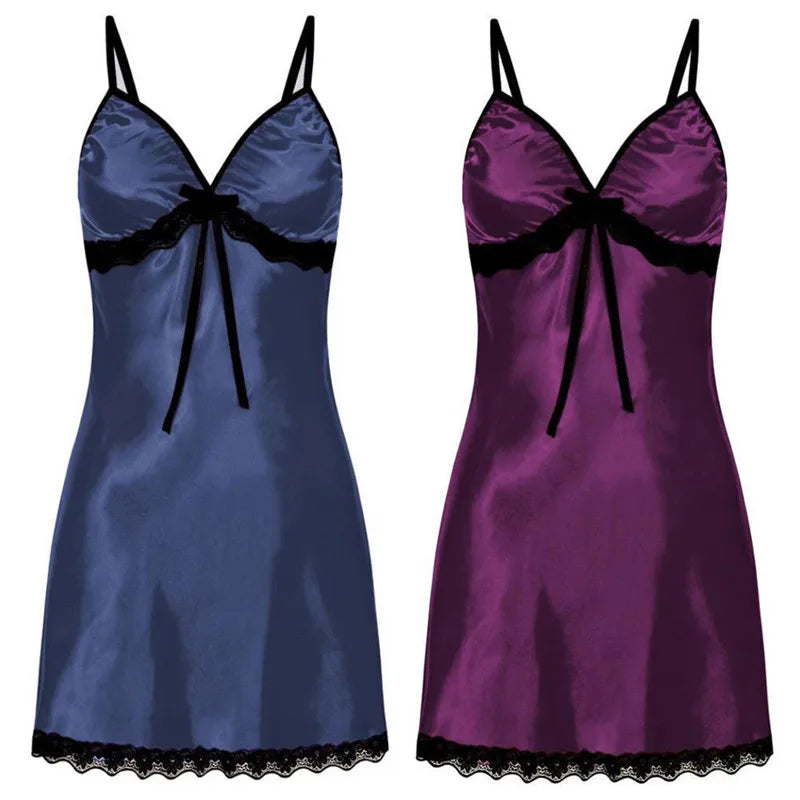 Women Sexy Lingerie Porno Sleepwear Sleep Dress Lace Silk Satin Nightdress Sleeveless Nighties V-neck Nightgown Nightwear