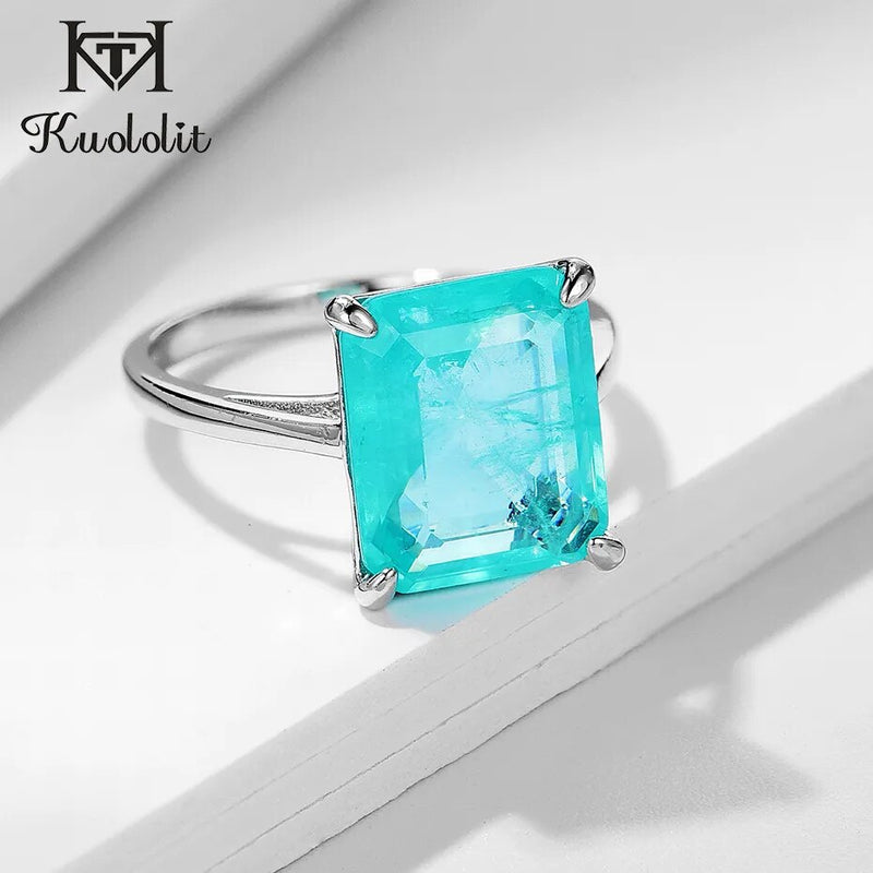 Kuololit Paraiba Gemstone Rings for Women Solid 925 Sterling Silver Emerald Cutting Tourmaline Handmade Engagement Bride Jewelry
