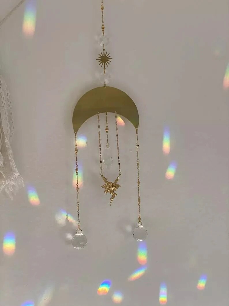 Handmade Fairy Dancing Under Moon Stars Sun Catcher Fairy Realm Celestial Gold Witchcraft Boho Decor Witchy Crystal Sun Catchers