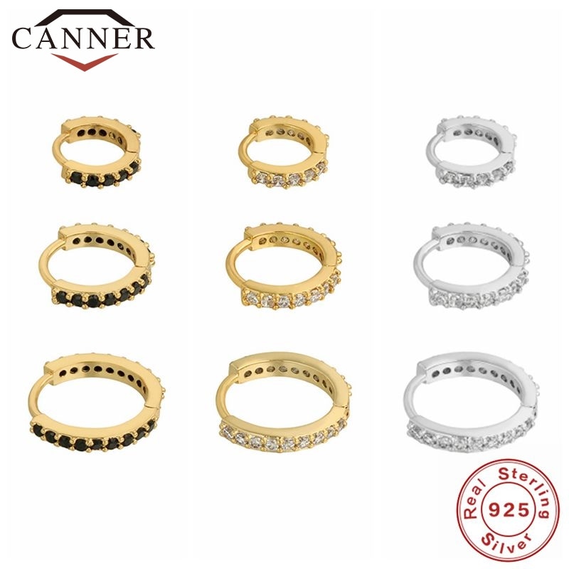 1 Set CANNER 100% Real 925 Sterling Silver Hoop Earrings for Women Zircon CZ Round Circle Earrings Round Earing Wedding Jewelry