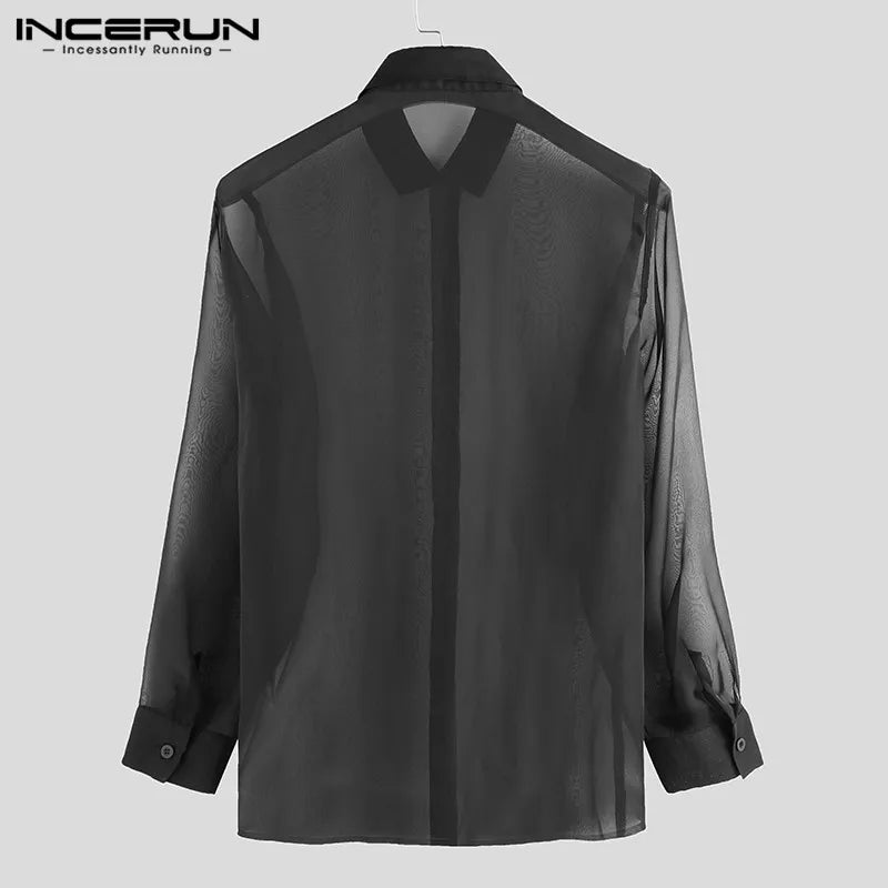 INCERUN Mesh Shirt Men Lapel See Through Sexy Stylish Button 2023 Camisa Long Sleeve Transparent Party Nightclub Men Shirt S-3XL