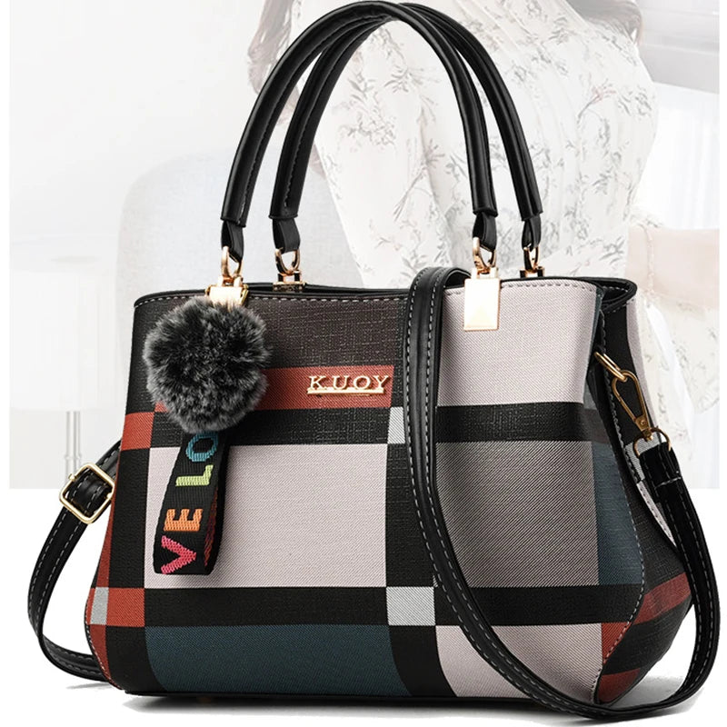 Luxury Plaid Handbag Women Hairball PU Leather Shoulder Bag Large Capacity Crossbody Bag Brand Handle Bag Shopping Lady Tote sac