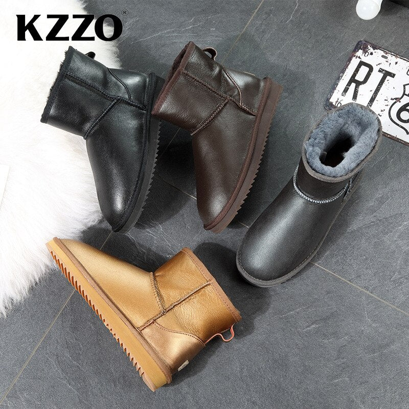 KZZO Australian Classic Waterproof Ankle Men Snow Boots Genuine Leather Natural Wool Lined Winter Warm Non-slip Short Boots 2021