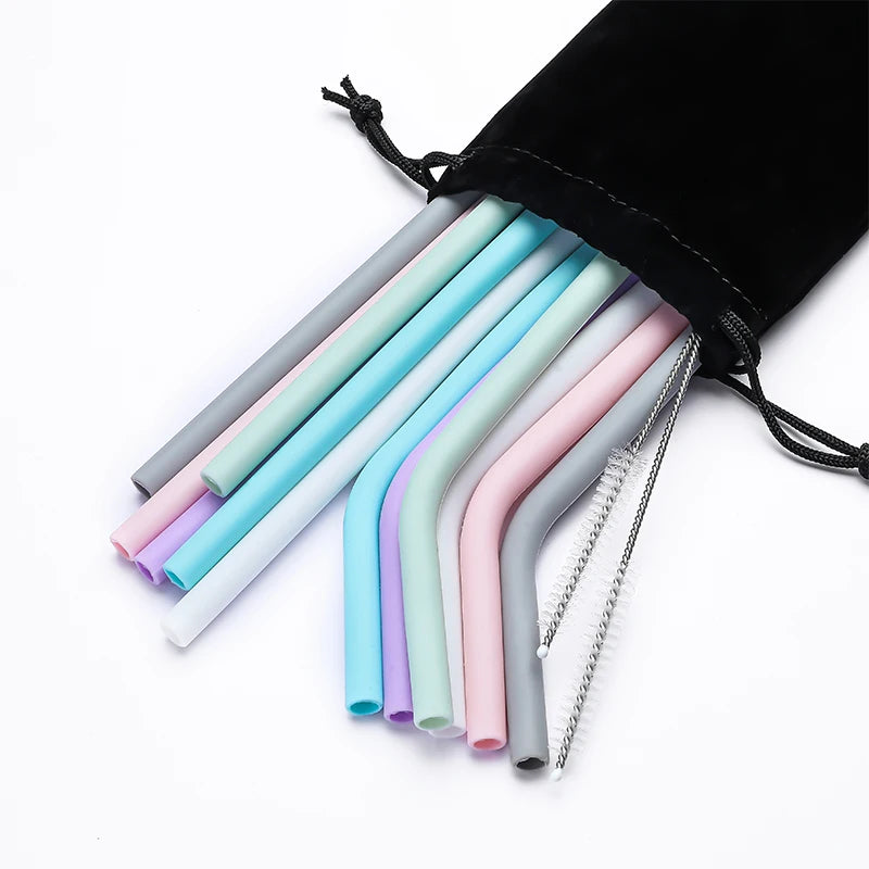 6pcs Reusable Silicone Drinking Straws Creative milk straws Sturdy Bent Straight Boba Straw Cleaning Brush Bar Party Accessory