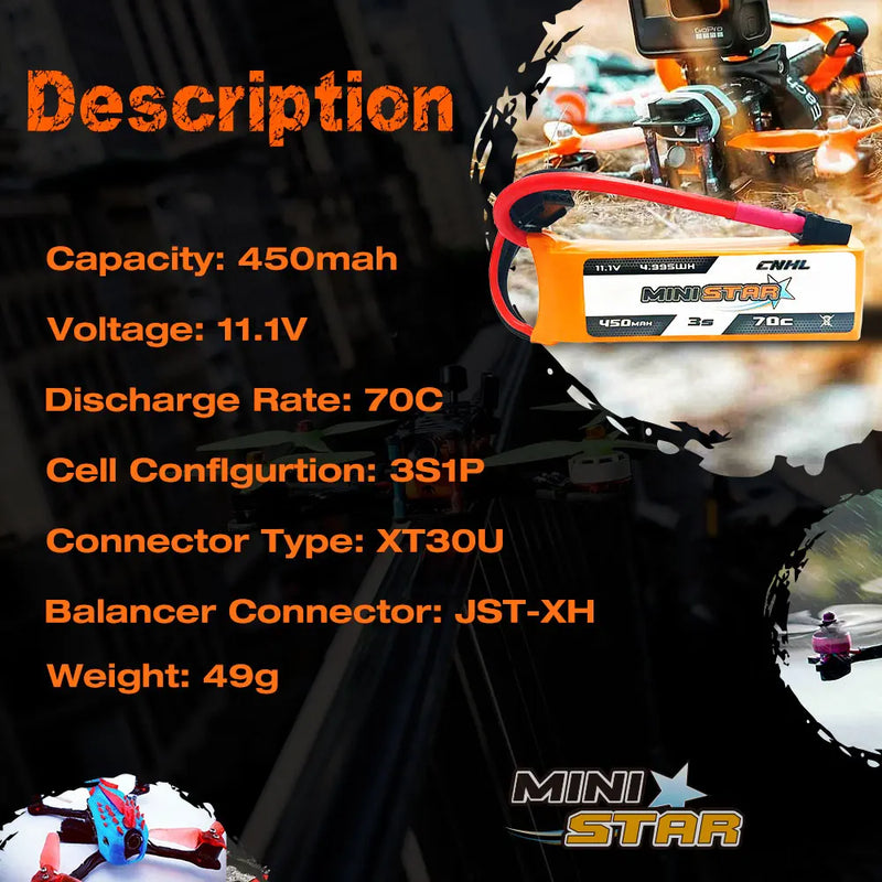CNHL 3S 450mAh 11.1V Lipo Battery 70C MiniStar With XT30 Plug For Mini Quadcopter RC FPV Racing Drone Drone Airplane Hobby