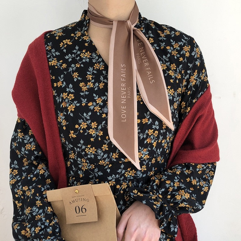 Luna&Dolphin Women Narrow Long Scarf 100x6cm Chic French Gentle Elegant Chiffon Silk Tie Letter Print Bag Ribbon Headband Choker