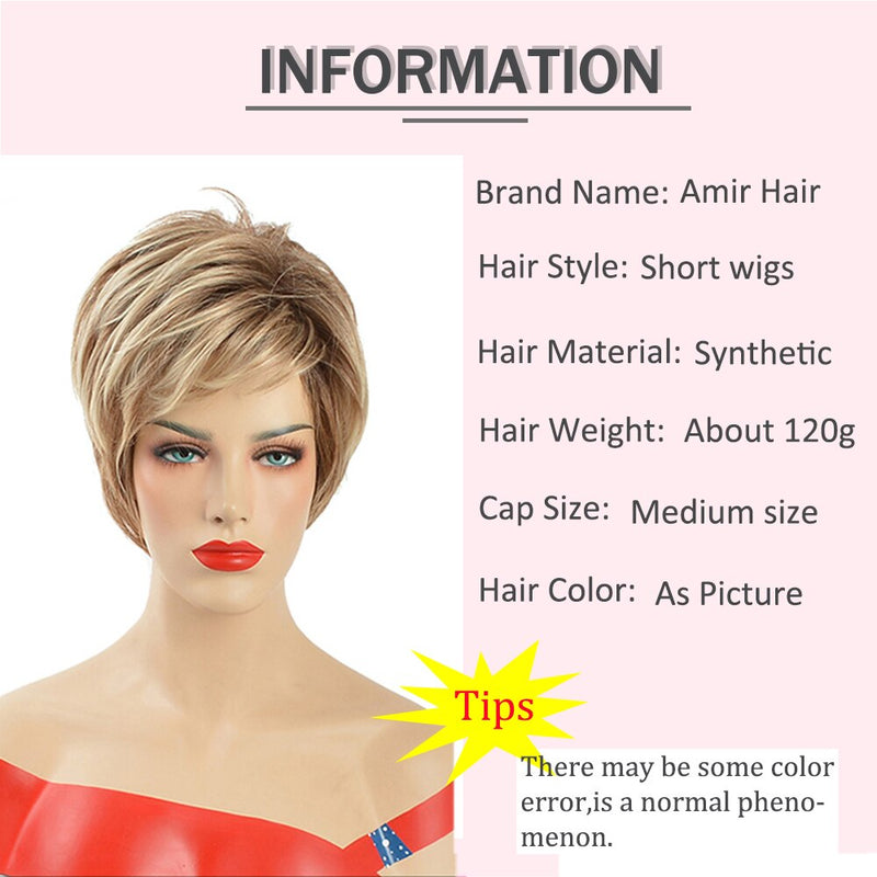 Amir Synthetic Pixie Cut Wigs Short Blonde Wig with Bangs for Women Brown Replacement Wig Straight Hair Wigs