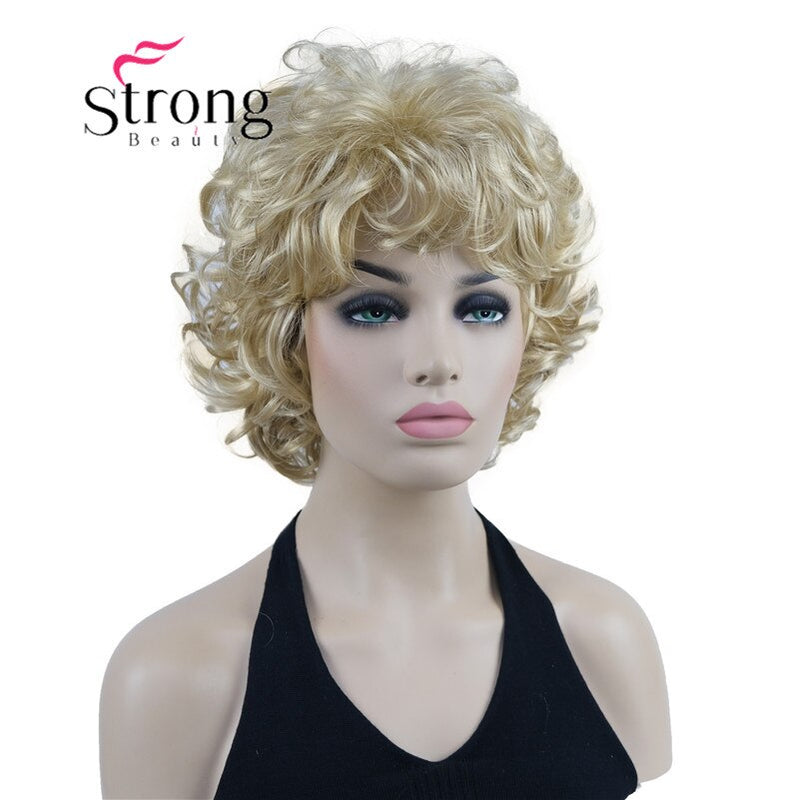 StrongBeauty Short Wig Soft Tousled Curls Blonde Highlights Full Synthetic Wigs COLOUR CHOICES