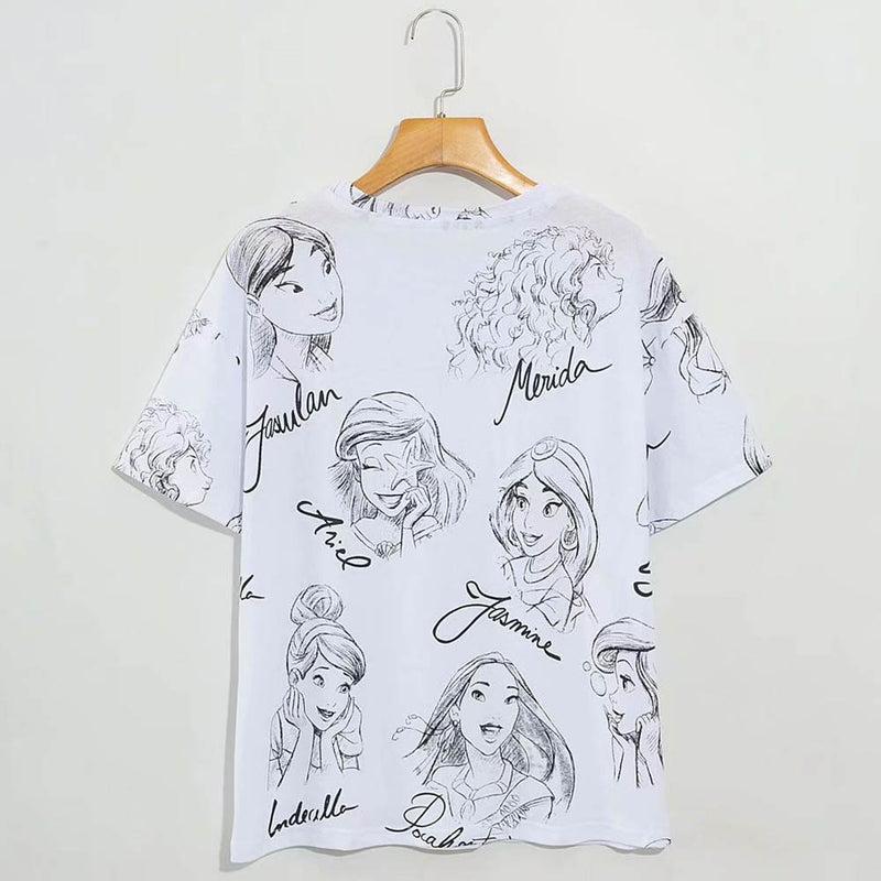 Disney Princess T-Shirt Snow White Cinderella Ariel Belle Cartoon Print Women T-Shirt O-Neck Short Sleeve Cotton Tee Tops Female