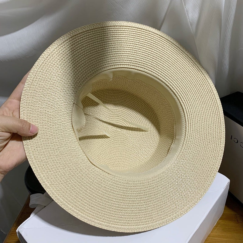 Sun Hat Artificial Diamond Belt Straw Hat Retro Gold Braided Hat Female Loose Sunscreen Sunshade Flat Cap Visors Hats Church Hat