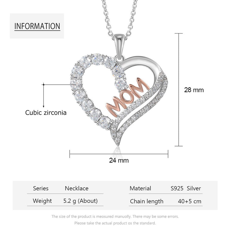 Genuine 925 Sterling Silver Women Necklaces Letter MOM Heart Shape CZ Necklaces Mother's Day Gift Fine Jewelry (Lam Hub Fong)