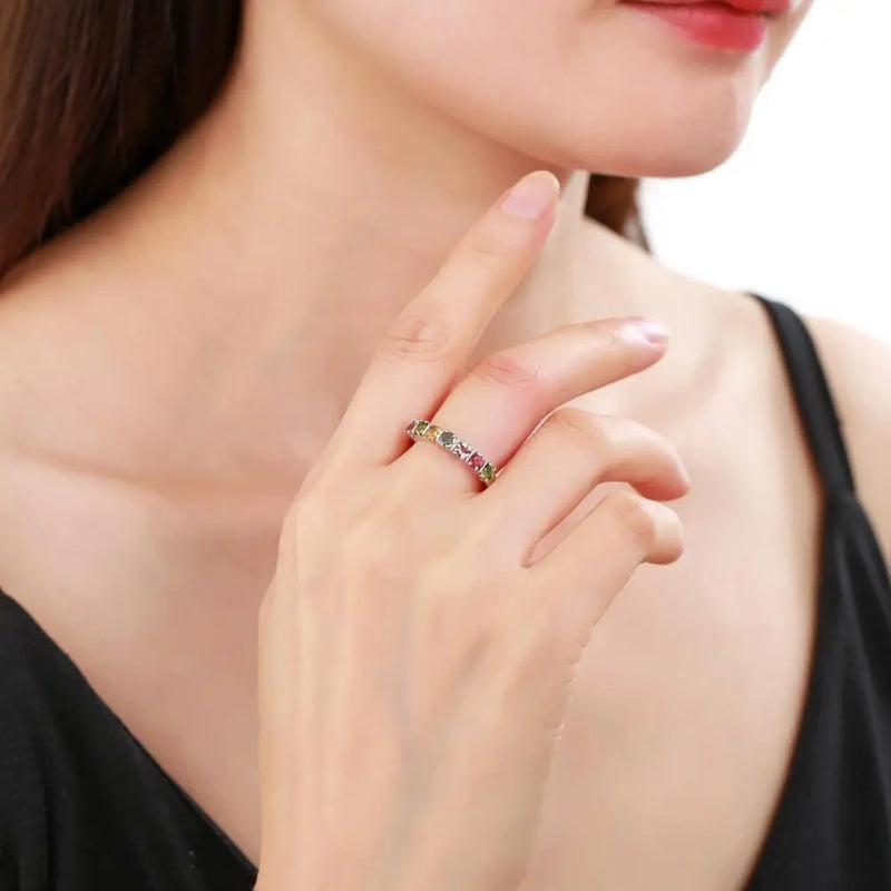 GEM'S BALLET Stackable Eternity Band Ring for Women Silver 925 Jewelry Natural Tourmaline/Pink Topaz/Black Garnet Gemstone Rings