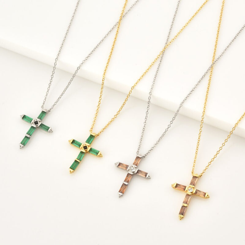 ANDYWEN 925 Sterling Silver Colorful Cross Pendant Necklace Long Chain Fine Jewelry Collar Corto Doris Verde Rosa Rock Punk Oro