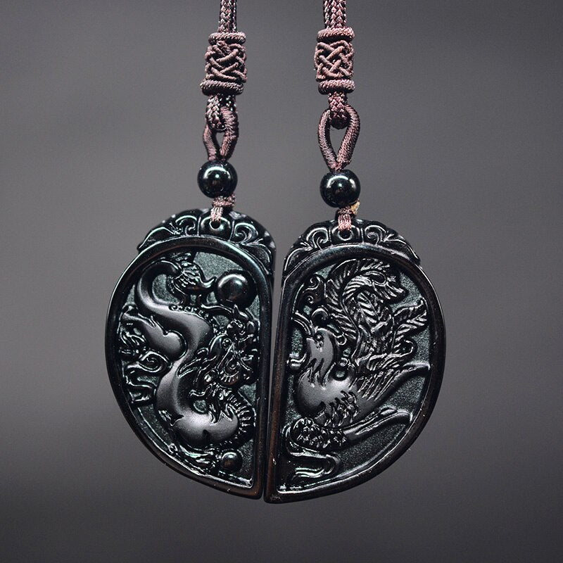 1 Set Obsidian Carving Dragon and Phoenix Necklace Pendant YIN YANG Pendant Necklace Obsidian Lucky Pendants