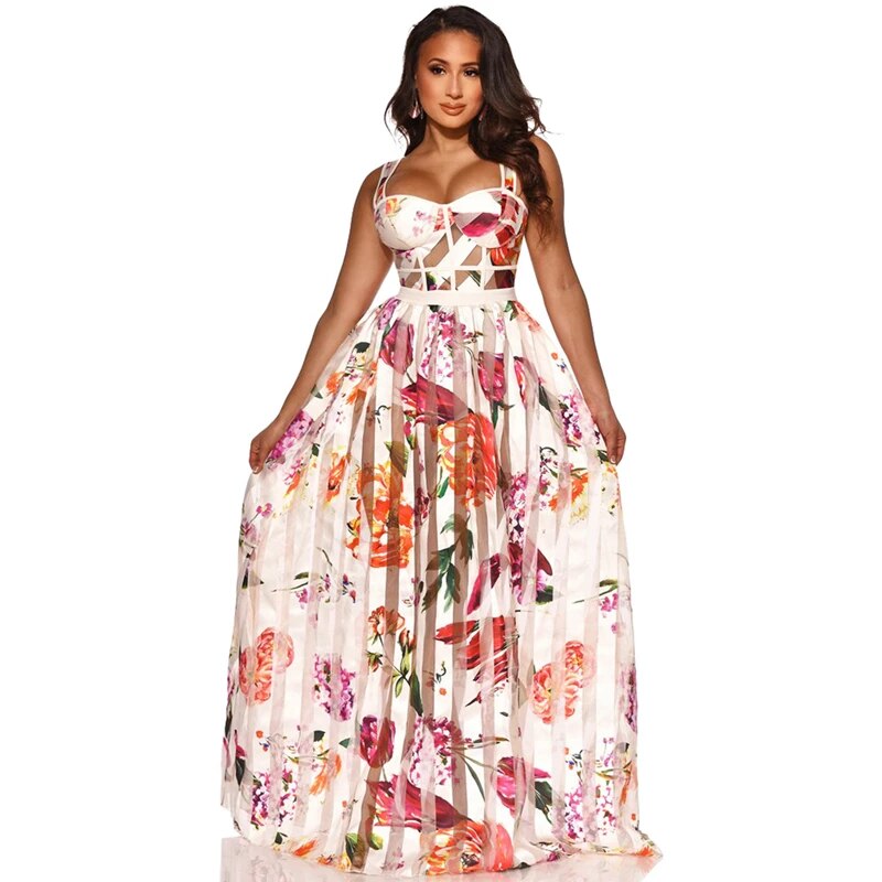Floral Print Mesh See Through 2021 Summer Long Dress For Women Spaghetti Strap Ruched Summer Sexy Beach Maxi Dress S-XXL