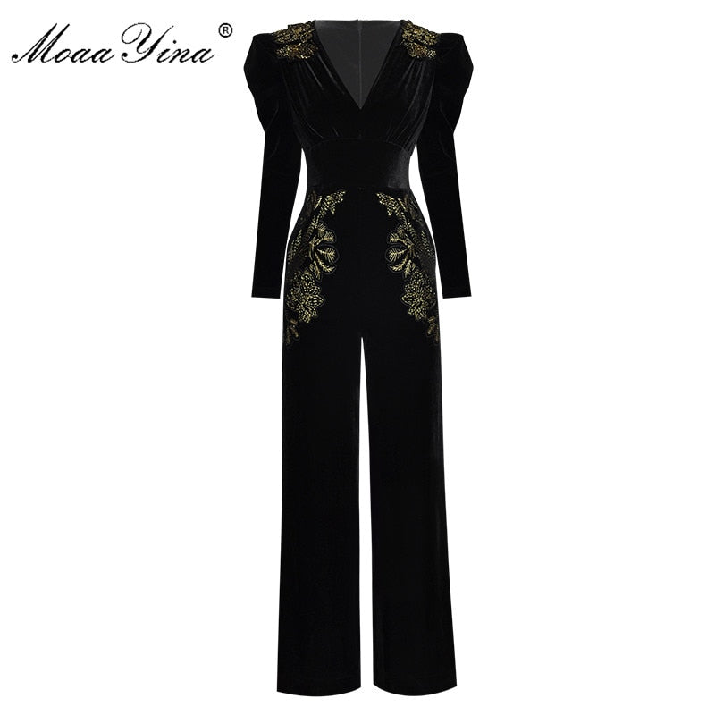 MoaaYina Spring Summer Designer Jumpsuits Women's V-neck Long sleeve Gold Line Embroidery Velvet Jumpsuits