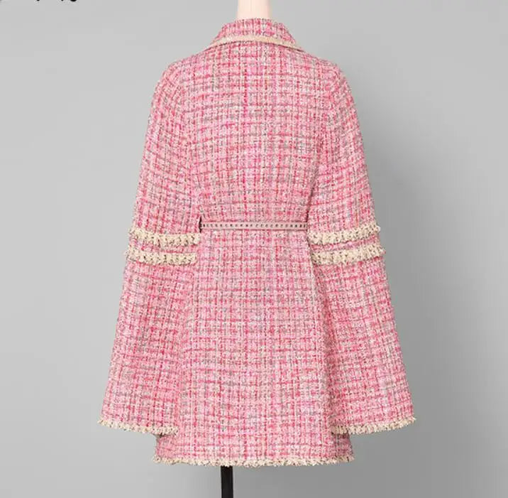 Small fragrance tweed cloak woolen coat women pink double breasted slim wool blend overcoat
