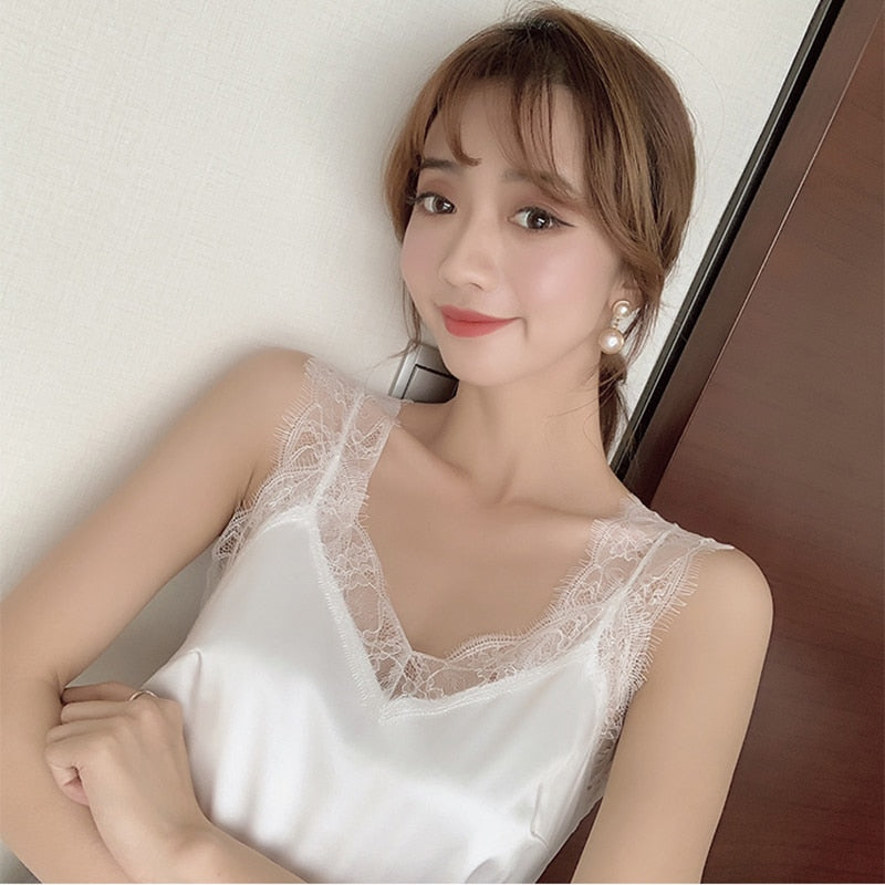 Women's Satin Summer Tops For Women 2023 V Neck Basic Sleeveless Lace Tank Tops Women Summer Female Silk Top White