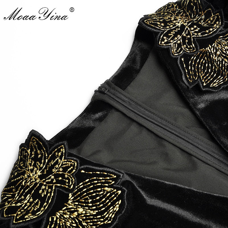 MoaaYina Spring Summer Designer Jumpsuits Women's V-neck Long sleeve Gold Line Embroidery Velvet Jumpsuits