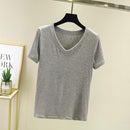 chic casual  Cotton T Shirt Ribbed Short Sleeve Women Summer Basic v-neck T shirt Loose Candy Color T-shirt Tee Female