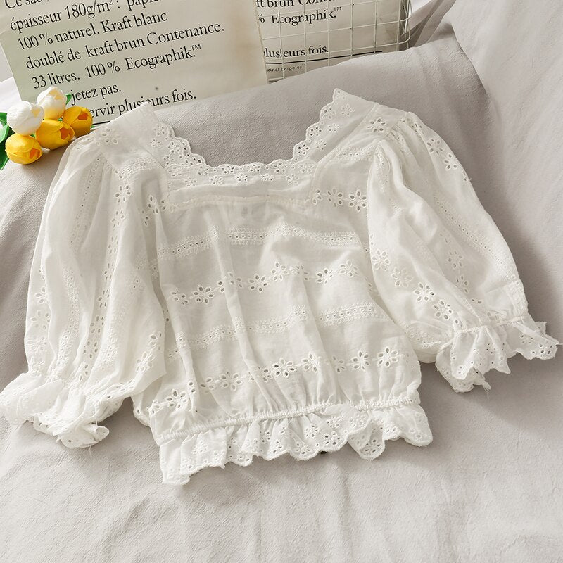 Pearl Diary Women White Cotton Broidery Crop Top Square Neck Scallop Lace Trim Sweet Top Ruched Front Drawstring Puff Sleeve Top