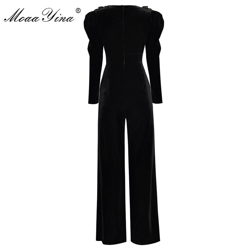 MoaaYina Spring Summer Designer Jumpsuits Women's V-neck Long sleeve Gold Line Embroidery Velvet Jumpsuits