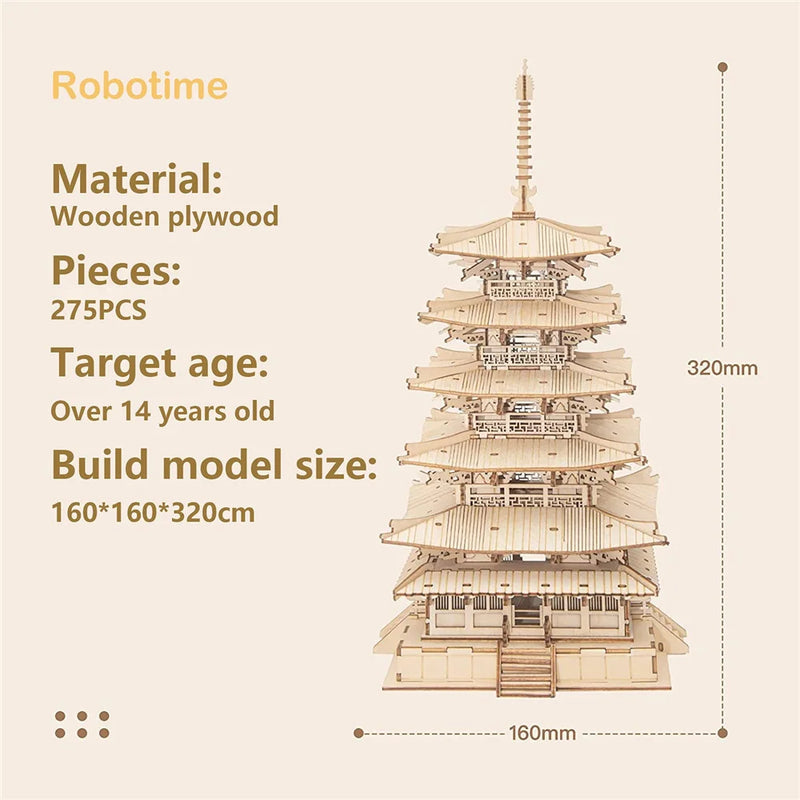 Robotime Rolife 275pcs DIY 3D Five-storied Pagoda Wooden Puzzle Game Assembly Constructor Toy Gift for Children Teen Adult TGN02