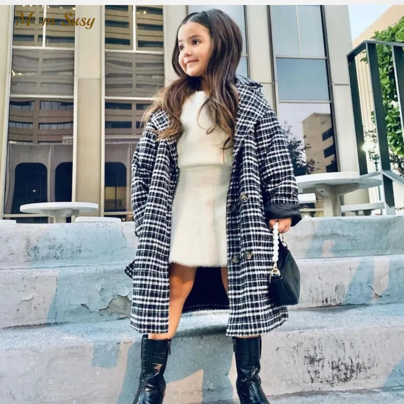 Baby Boy Girls Wool Jacket Long Double Breasted Warm Toddle Teen Lapel Tweed Coat Spring Fall Winter Baby Outwear Clothes 3-14Y